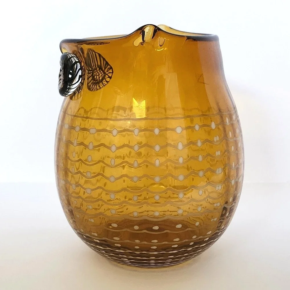 Amber Hand Blown Art Glass‎ Owl Hurricane Vase White Swirl Mid Century Style